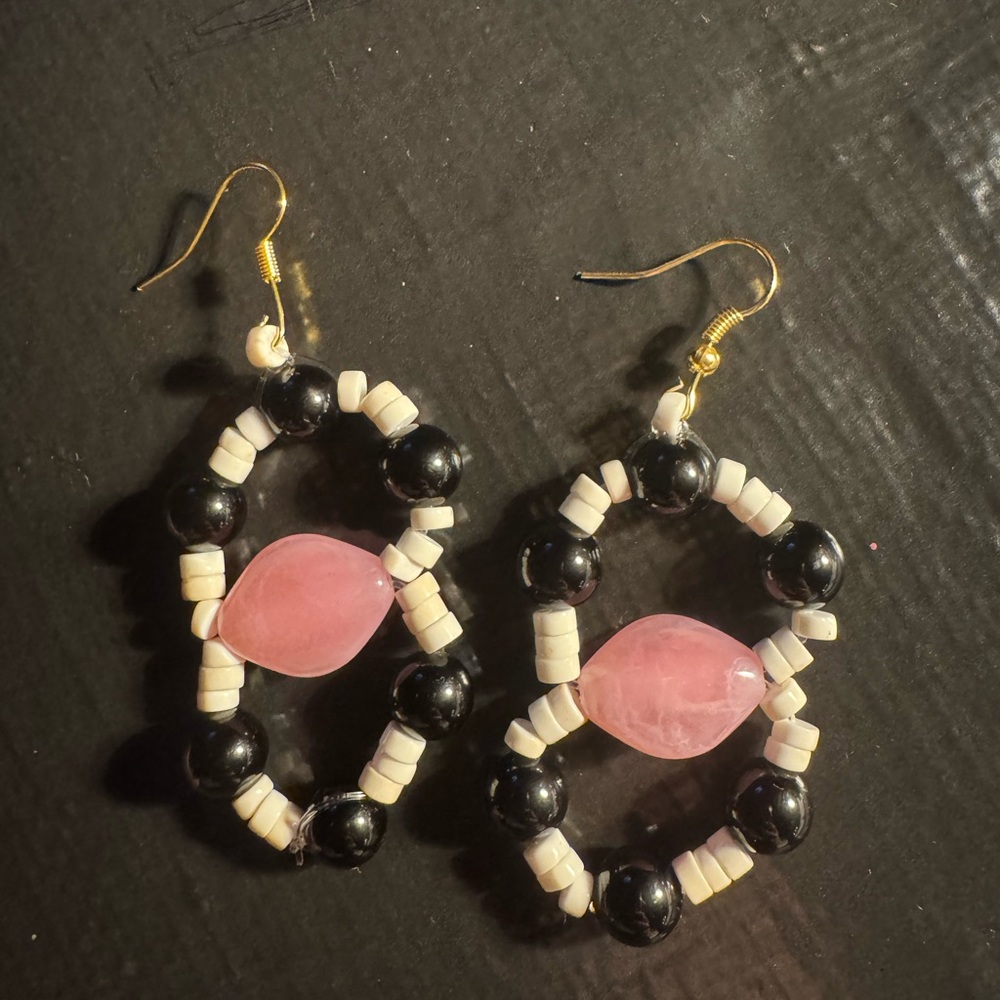 Pink glass, Black onyx and White turquoise Beaded Earrings